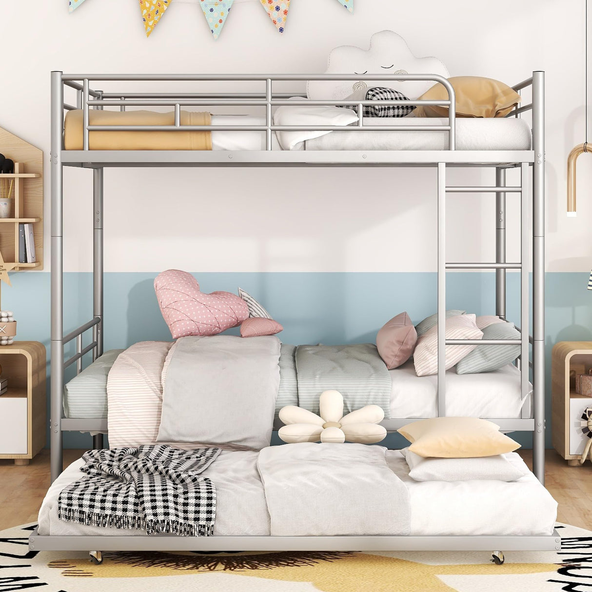 Harper & Bright Designs Full Over Full Metal Bunk Bed with Trundle, Ladder & High Guardrail, Able to Split, Noise Free, Heavy-Duty Steel Loft Bed Frame with Safety Rail for Bedroom, Dorm (Silver) Harper & Bright Designs