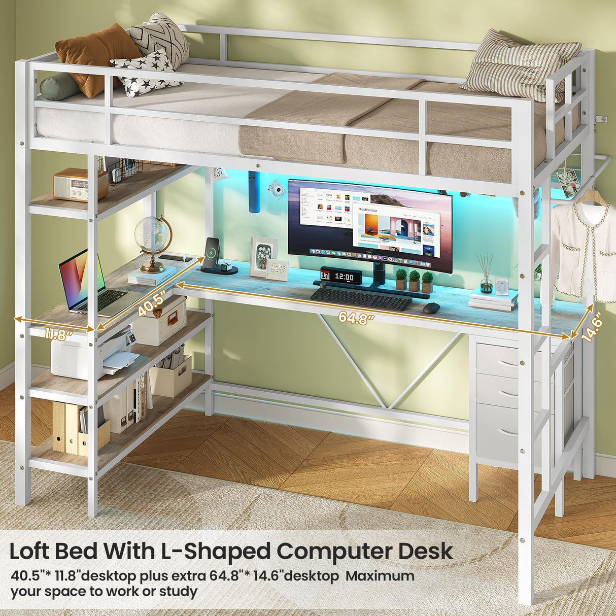 VIAGDO Loft Bed Twin Size with L-Shaped Desk, Charging Station and LED Lights, Twin Loft Bed with 4-Tier Bookshelf and 3 Drawers, Clothes Rail, Safety Guardrail&Ladder, No Box Spring Needed, White VIAGDO