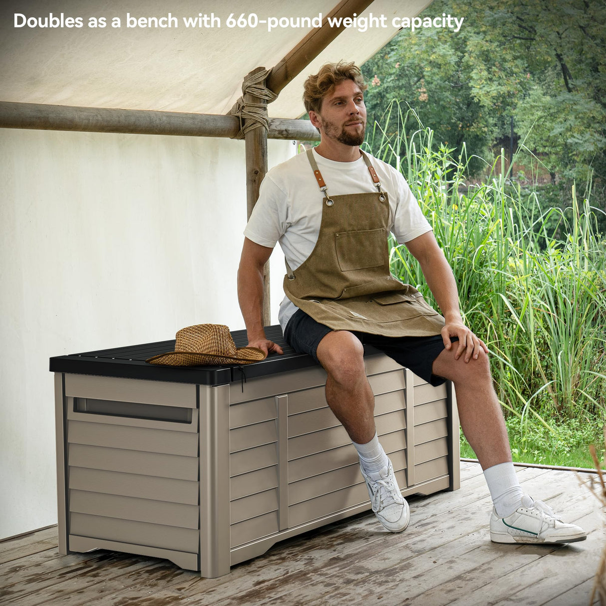 DWVO Large Deck Box 120 Gallon Waterproof Outdoor Storage Box, Extra Large Outdoor Storage Bin, Resin Louvered Patio Storage for Outdoor Pillows, Garden Tools & Pool Supplies, Lockable, Black&Brown DWVO