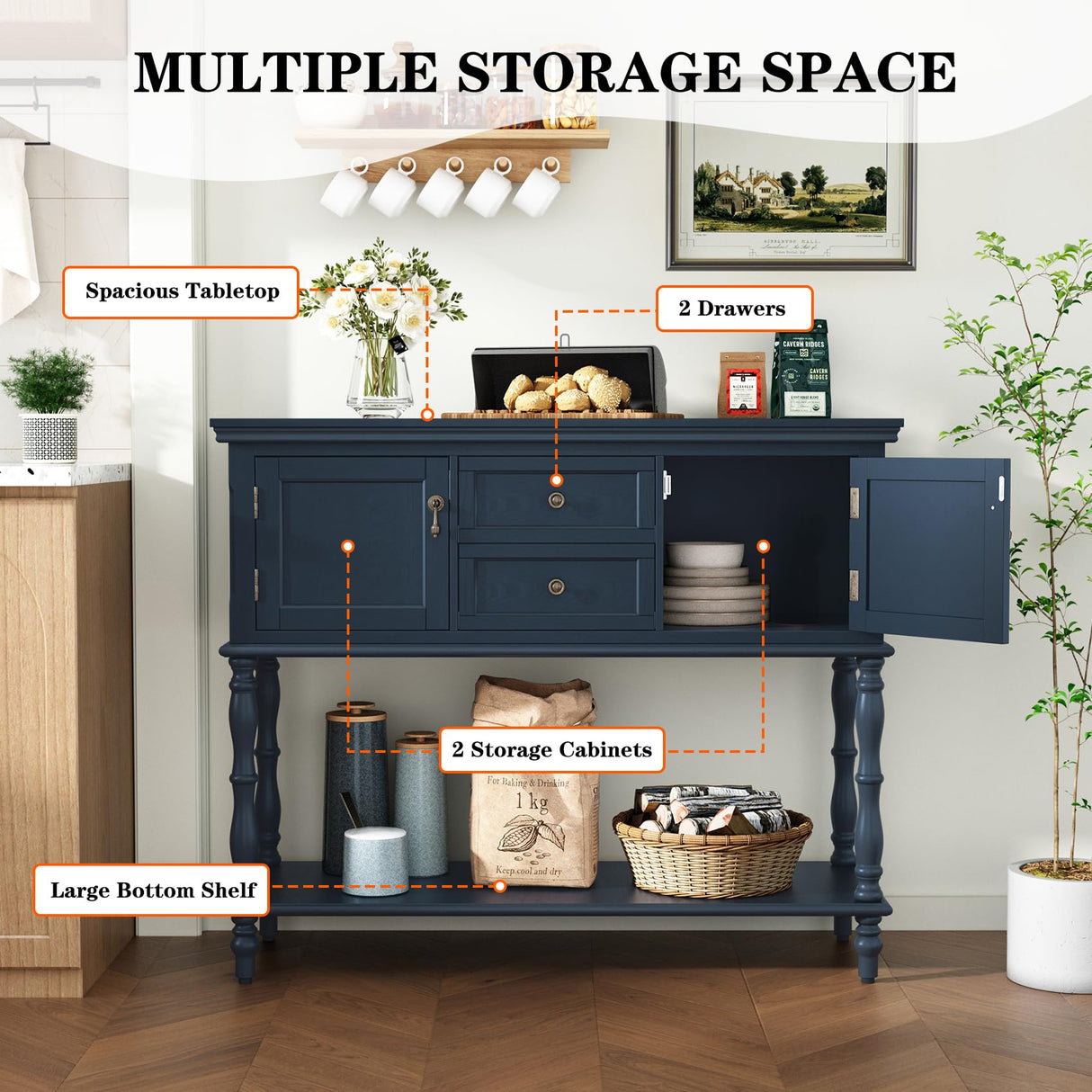 ARTPOWER Console Table with 2 Door, Open Storage Shelf and Retro Entryway Table with 2 Drawers Cabinets, Accent Table, Behind Couch Table for Living Room, Foyer and Hallway, Blue ARTPOWER