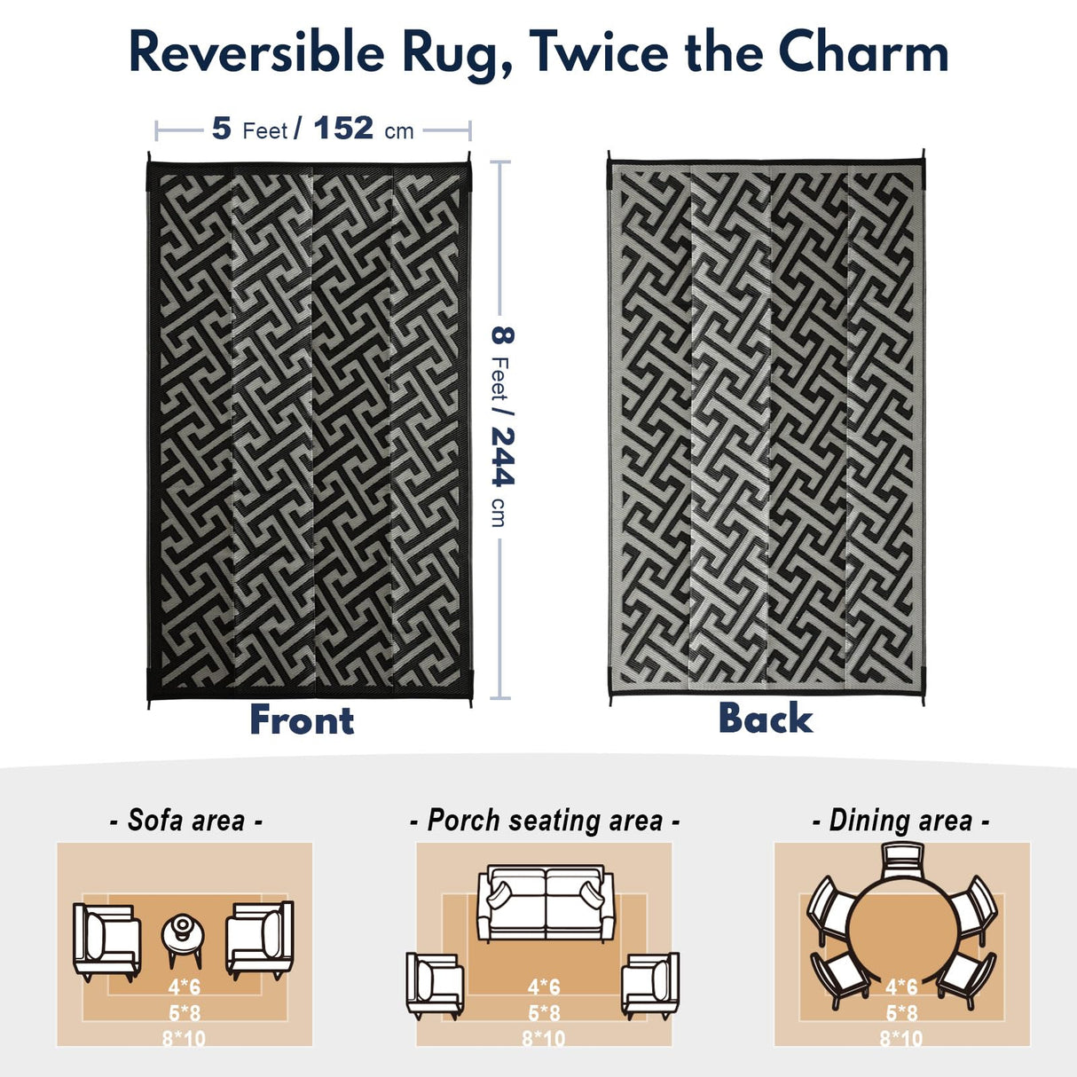 Waterproof Outdoor Rug 5x8 ft, Reversible Plastic Straw Rug, Easy to Clean Patio Rug, Portable Carpet for Patio, RV, Deck, Balcony, Backyard, Picnic, Beach, I-Shaped, Black PASAMIC