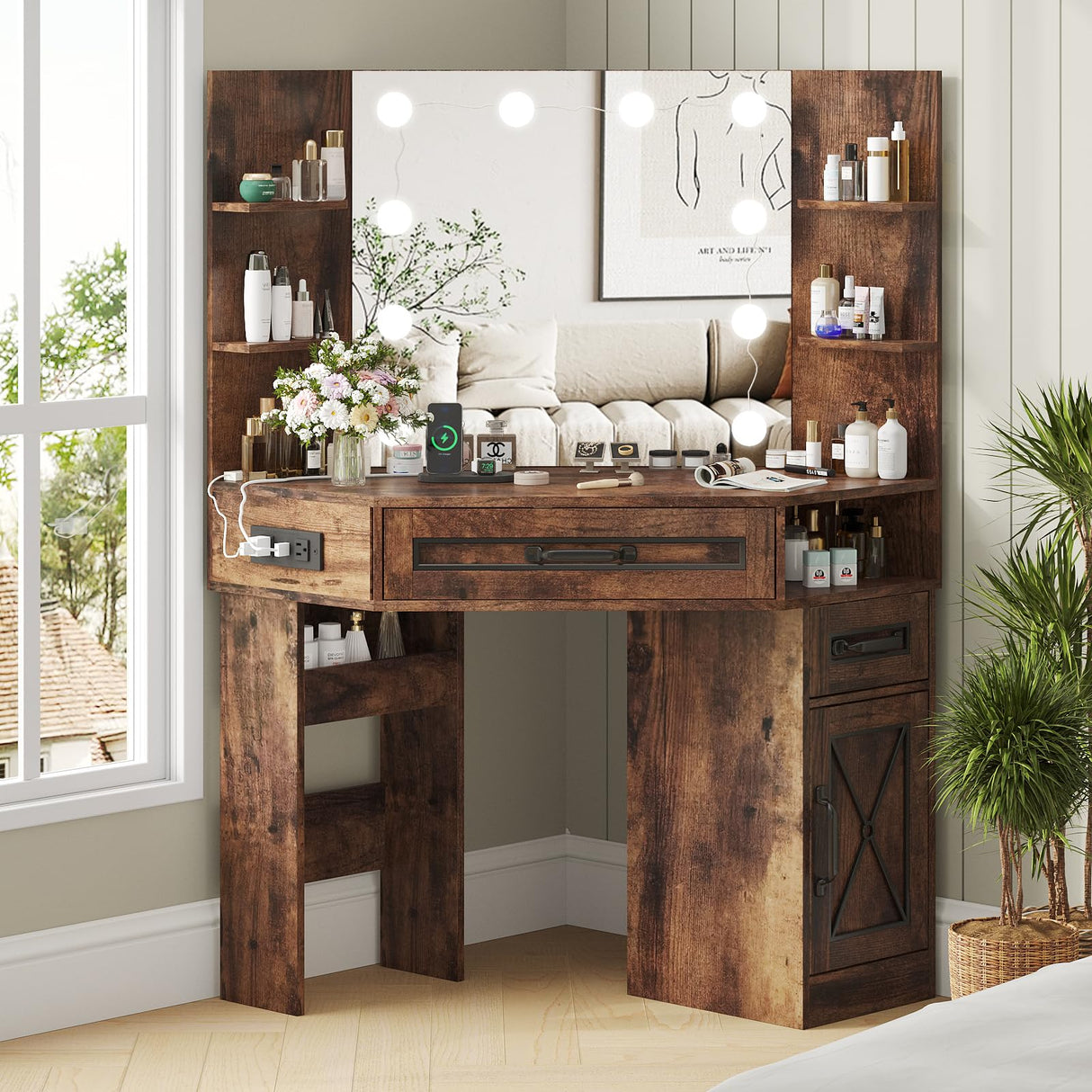 Maupvit Makeup Vanity Desk, Corner Vanity Desk with Mirror and Lights, Farmhouse Vanity Table with 10 Bulbs&4 Charging Stations, Makeup Desk with 3 Drawers&Cabinet, 3 Lighting Modes Adjustable, Brown Maupvit