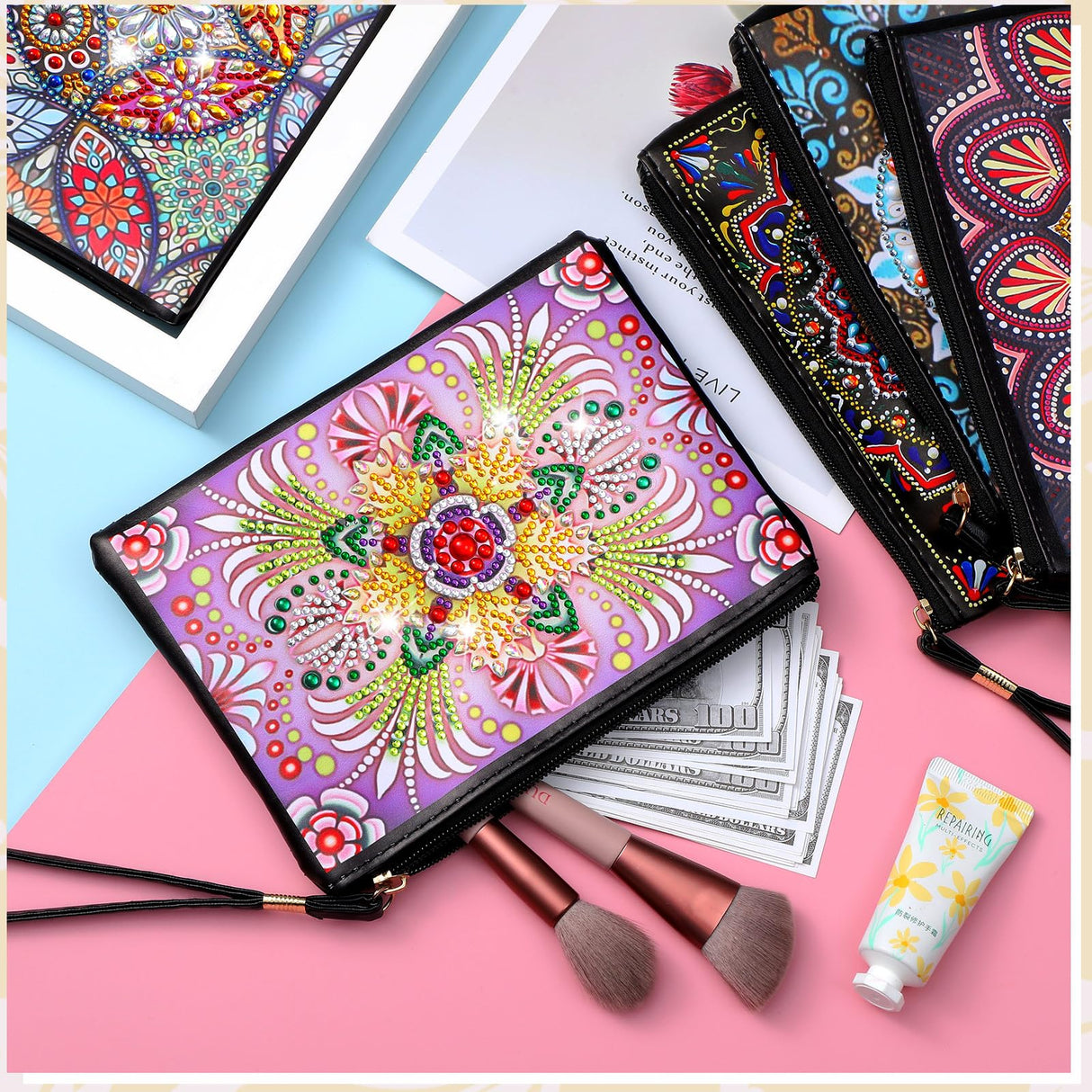 Silkfly 6 Pcs Diamond Painting Purses Clutch DIY Diamond Handbag PU Leather Painting Bags 5d Handmade Wristlet Wallet with Strap and Zipper for Women Gift(Mandala Style) Silkfly