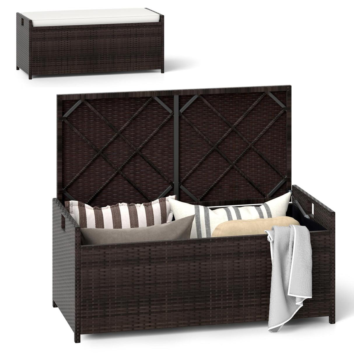 RELAX4LIFE 34-Gallon Outdoor Storage Box - Wicker Rattan Deck Box w/Seat Cushion, Waterproof Liner & Side Handles for Pillows, Patio Cushions, Pool Supplies, Garden Tools, Porch Outdoor Storage Bench RELAX4LIFE