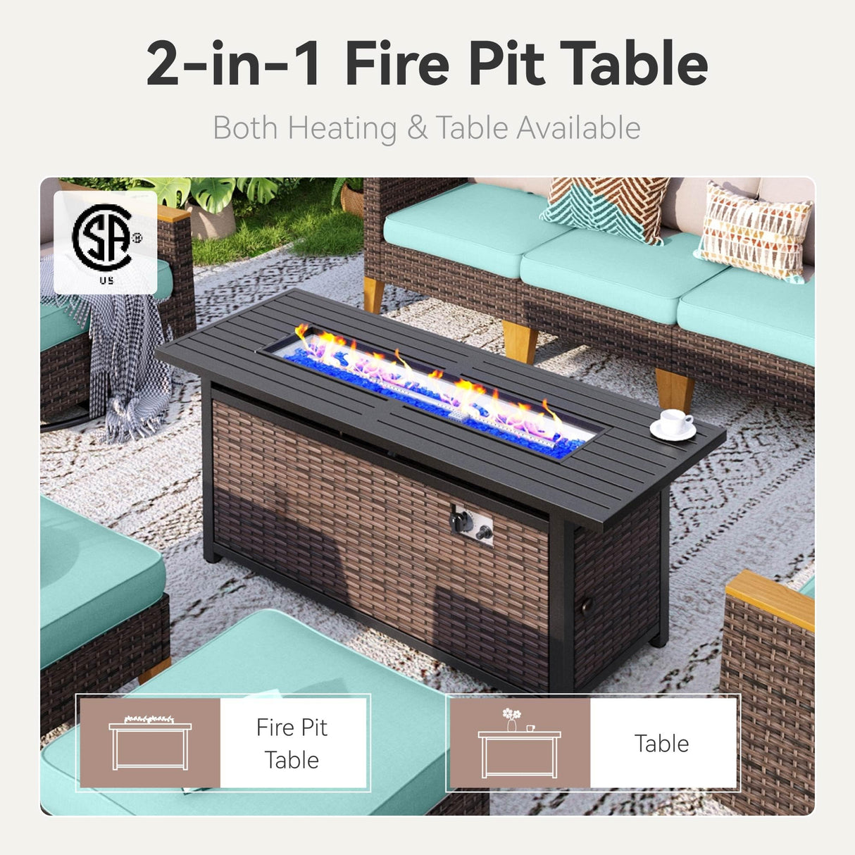 GREEN PARTY 7 Pieces Wicker Patio Furniture Set with 56" Fire Pit Table, All-Weather Outdoor Rattan Patio Half-Moon Curved Sectional Sofa Conversation Set with 4" Thick Cushions for Backyard (Blue) GREEN PARTY