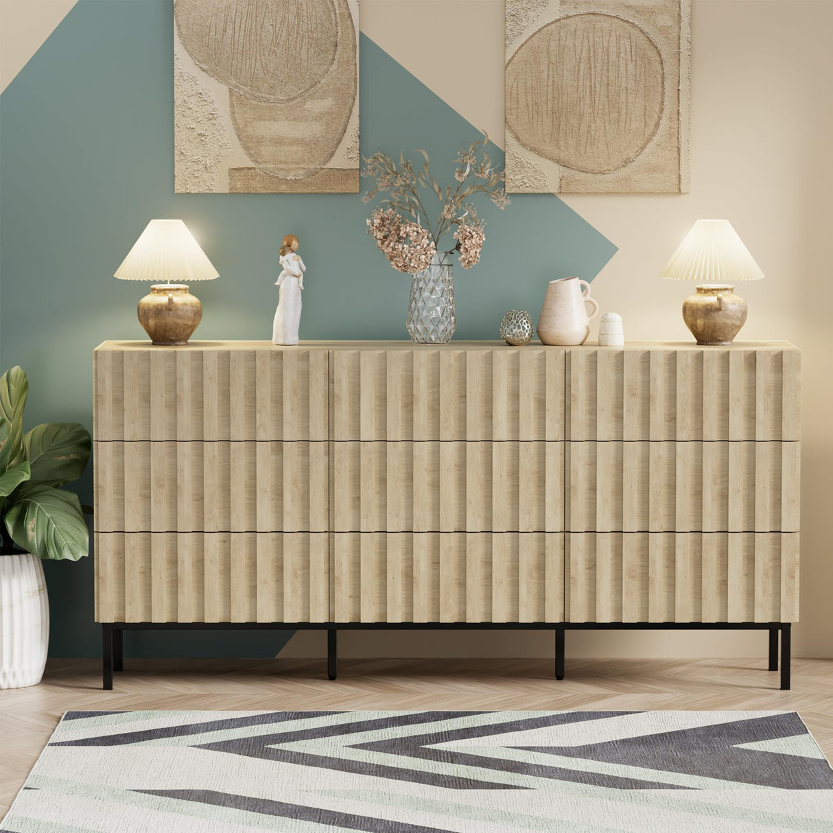 UEV 59" Long Fluted Dresser for Bedroom, Mid Century Wooden 9 Drawer Dresser, Accent Modern Chest of Drawers TV Stand for Bedroom, Hallway (Ivory White) UEV