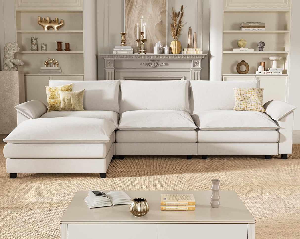 Homall Modular Sectional Sofa, Loveseat Sofa Couch with Reversible Ottoman, DIY Combination Chenille Deep Seat Cloud Couch for Living Room, Apartment (White, L Shaped Sofa) Homall