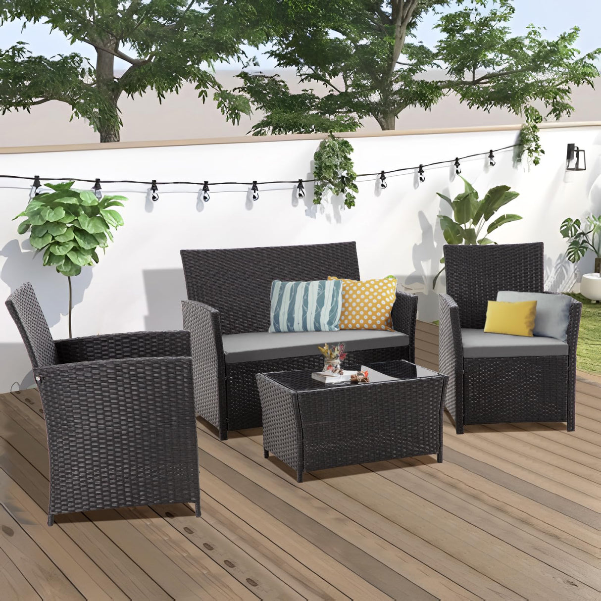 FHFO 4 Piece Outdoor Patio Furniture Sets, Outside Furniture Outdoor Sectional Wicker Conversation Sofa Set, Rattan Couch Set for Balcony Porch Backyard (Black-Grey) FHFO