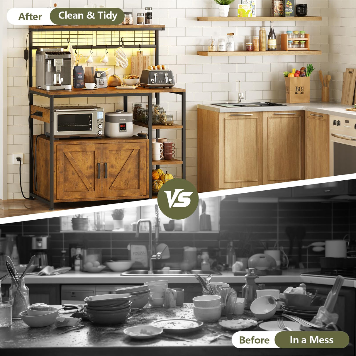 TVU Bakers Rack with Power Outlet and LED Light, Microwave Stand with Storage Cabinet, Coffee Bar Cabinet Station with 6 Hooks for Kitchen, Dining Room, Living Room, Coffee Bar, Rustic Brown TVU