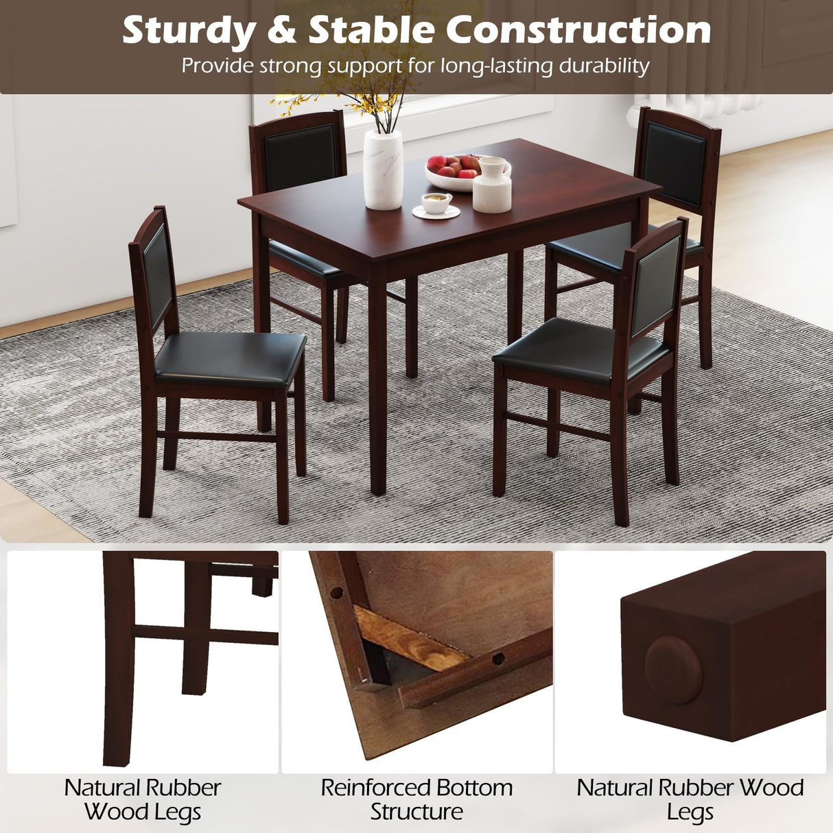 Tangkula Dining Table Set for 4, Farmhouse Solid Wood Dinette Set w/Rubber Wood Legs, Upholstered Seat & Padded Backrest, Mid-Century Modern Dining Table and Chairs Set for Kitchen, Dining Room Tangkula