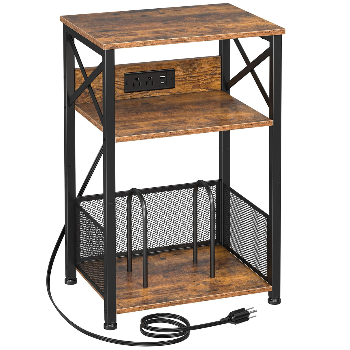 AMHANCIBLE Record Player Stand with Charging Station, Turntable Stand with Storage Cabinet, 3 Tier End Table Hold Up to 200 Albums, Record Stand for Vinyl, Living Room, Rustic Brown, HETCD01BR-1 AMHANCIBLE