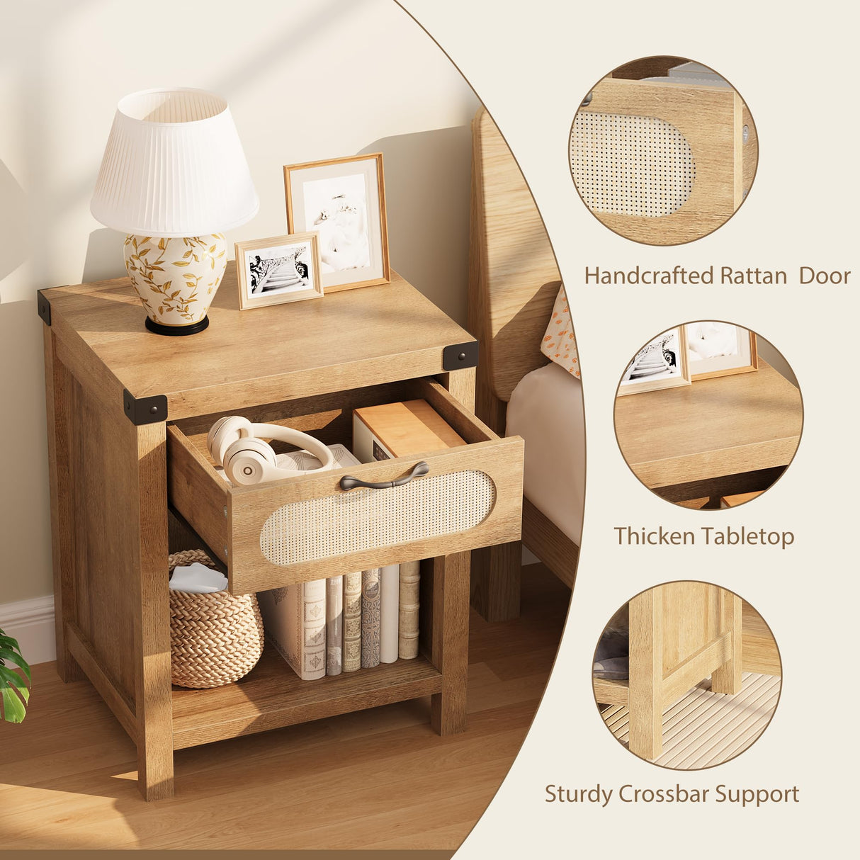 GarveeHome Rattan Night Stands Set of 2, Farmhouse Bedside Table, Night Stand with Drawer and Open Shelf, Boho End Table for Living Room,Bedroom, Natural GarveeHome