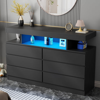 BEWISHOME Black Dresser for Bedroom with Charging Station and LED Lights, 6 Drawer Dresser Chests of Drawers, Wood Dressers for Closet, Modern Wide Dressers with Open Space, TV Stand, Black KCG02B