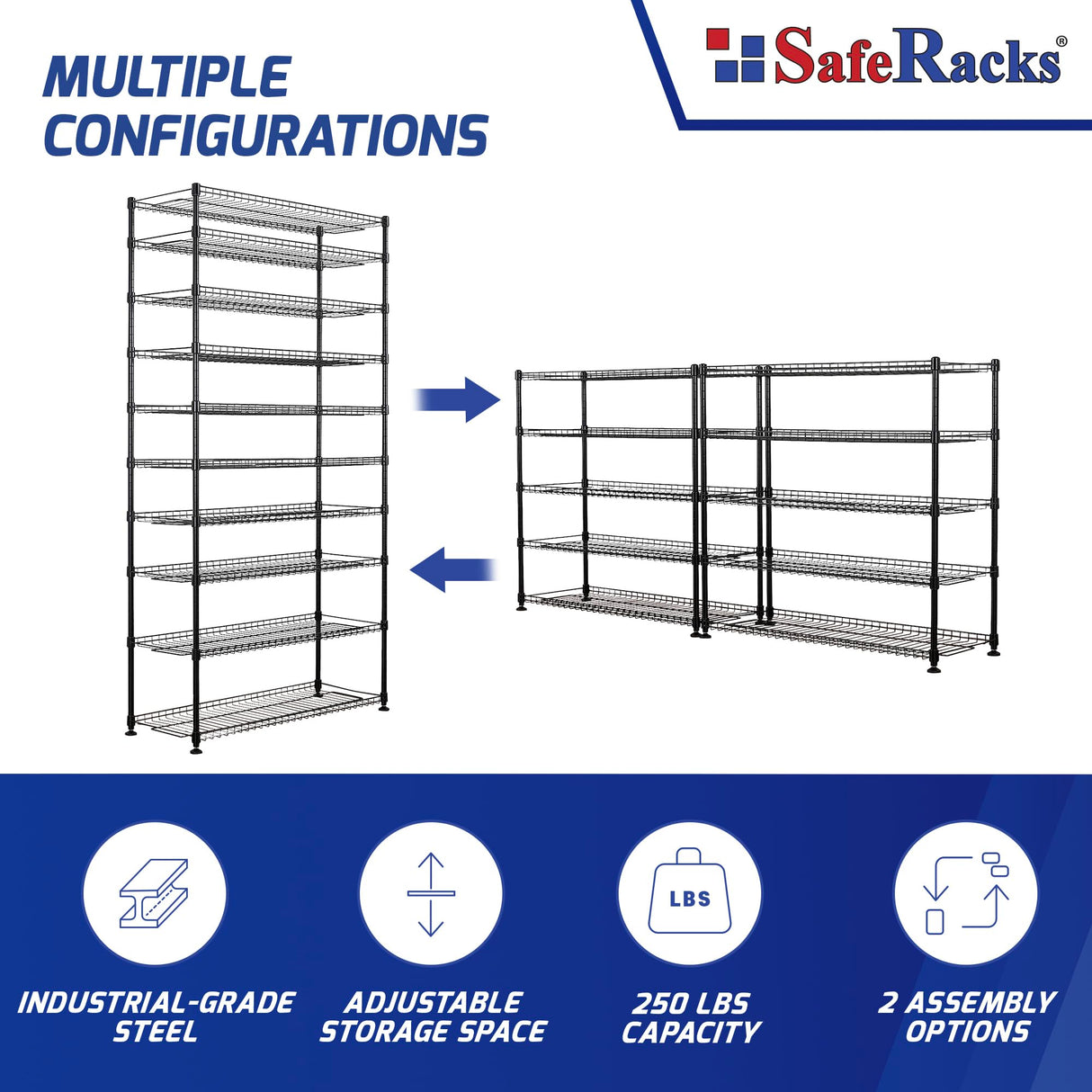 SafeRacks 10-Tier Pantry Shelf, Metal Wire Shelving Unit with Adjustable Shelves & Feet, Anti-Tip Kit, NSF Certified Steel Storage Rack for Kitchen or Garage Black 14" D×36" W×68" H SafeRacks