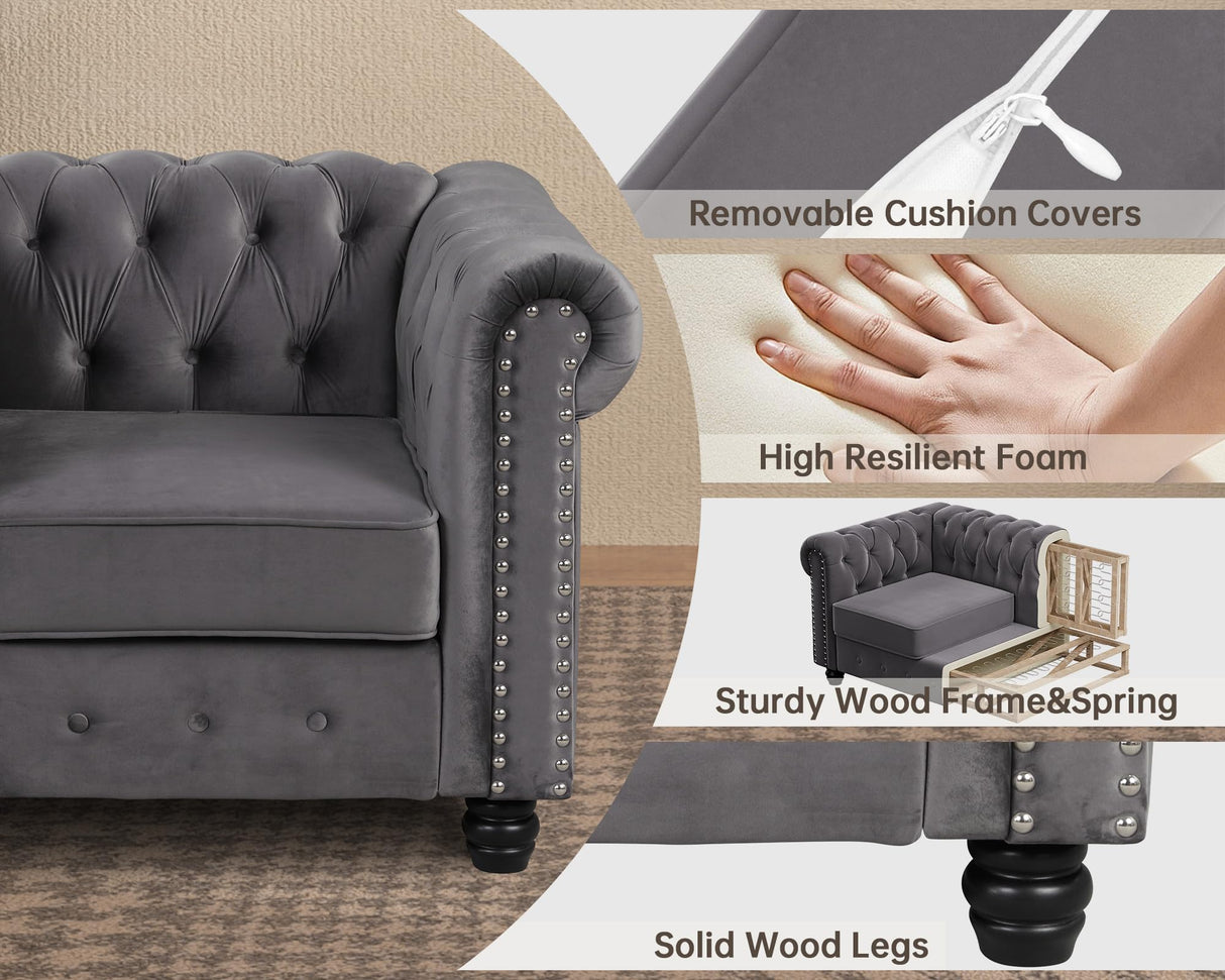 Morden Fort Classic Chesterfield Sofa Set 82'', Tufted Sofa Couch Set with Solid Wood Legs Thick Cushion, Pet-Friendly 3-Seater Sofas Couches for Living Room Bedroom Apartment - Velvet Grey Morden Fort