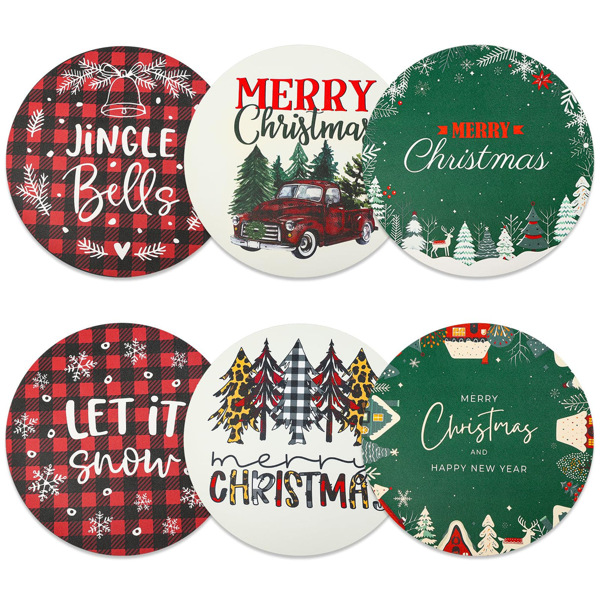 Christmas Placemats Set of 6 Faux Leather Washable Dining Table Mats 13Inch Round Heat Resistant Wipeable Waterproof Placemats for Holiday Parties Dinner Home Kitchen Decor Winter Truck Xmas Tree Mats Lucomb