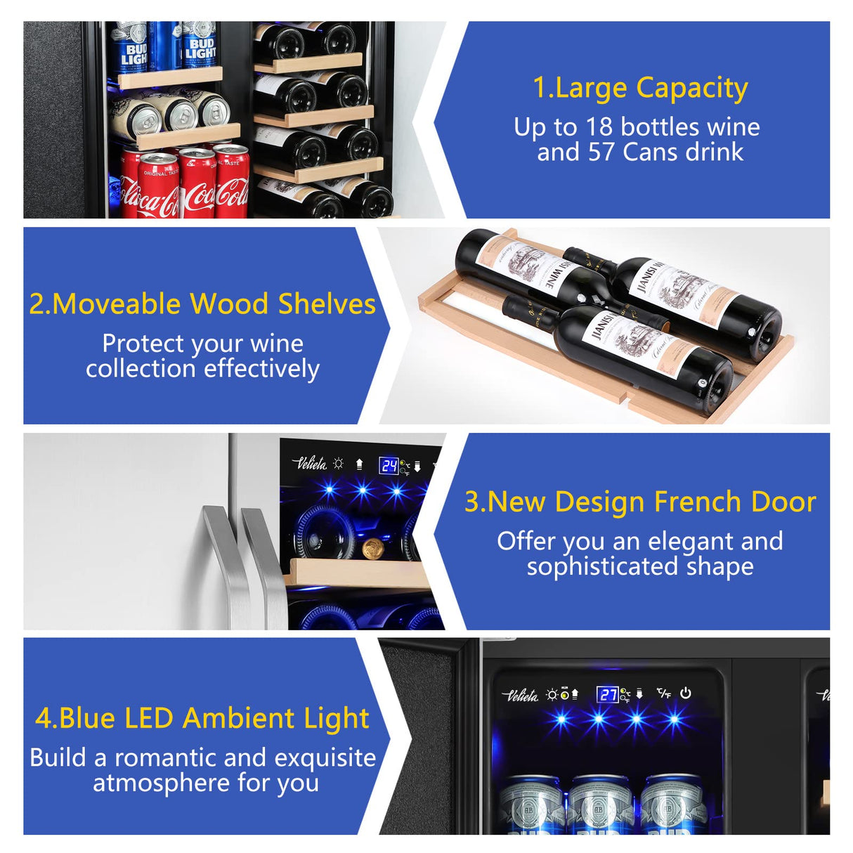 Velieta Outdoor Wine and Beverage Refrigerator,24 Inch Dual Zone Wine Beverage Cooler, Built-in/Freestanding Beer and Wine Fridge with a Powerful Compressor, 20 Bottles and 88 Cans Capacity Velieta