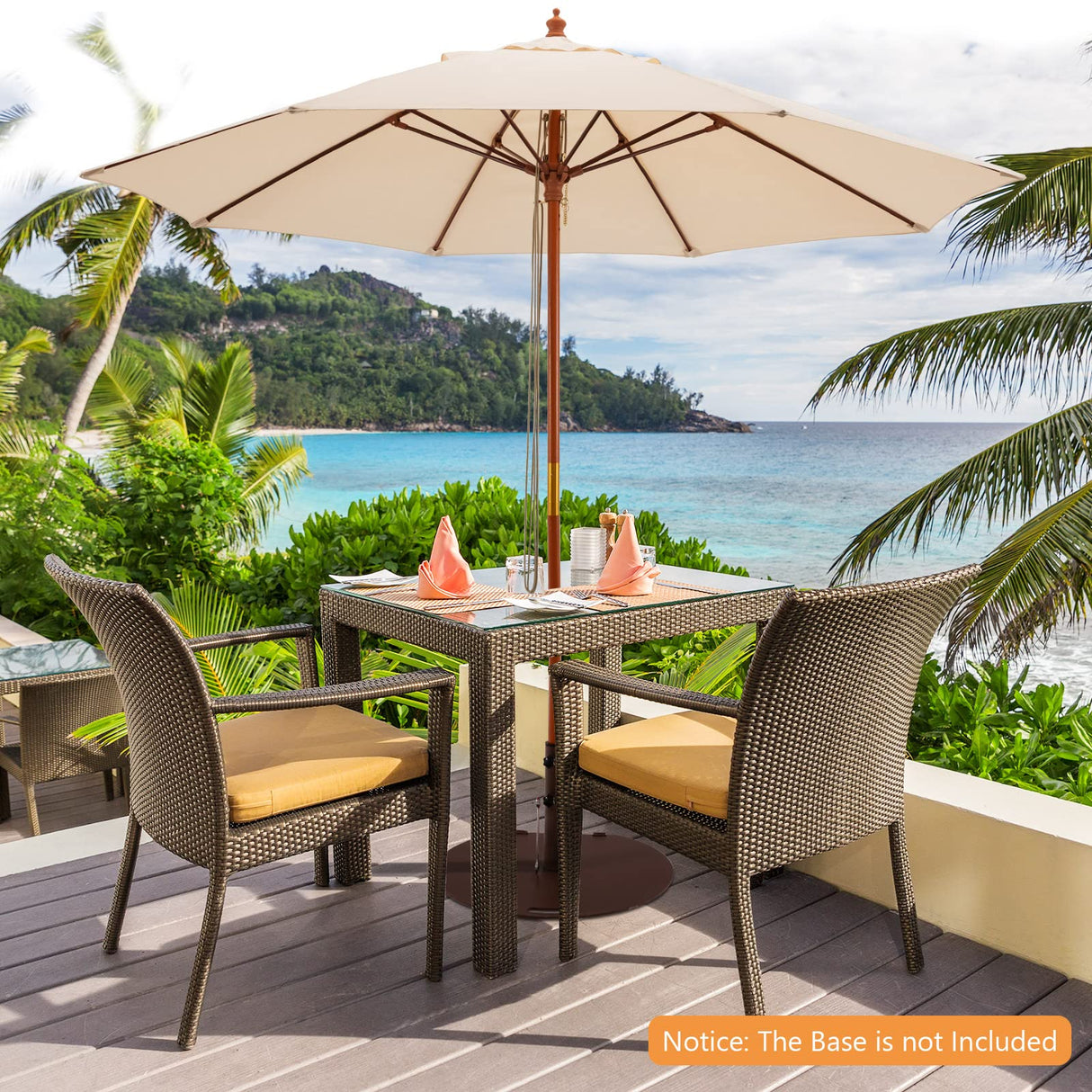 Tangkula 9.5 FT Pulley Lift Round Patio Umbrella, Wooden Market Umbrella W/Rope Pulley Mechanism, 8 Fiberglass Ribs, Portable Table Parasol, Outdoor Sun Umbrella for Garden, Yard, Deck, Pool (Beige) Tangkula