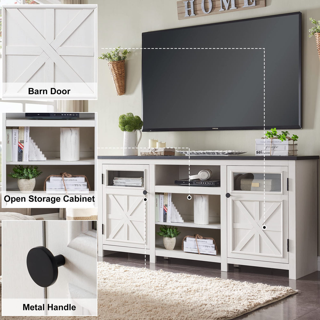 JXQTLINGMU Farmhouse TV Stand for 75 Inch TV, Entertainment Center with Storage, Modern TV Cabinet with Barn Doors, 66" Rustic TV Console for Living Room, Adjustable Shelf - Off White JXQTLINGMU