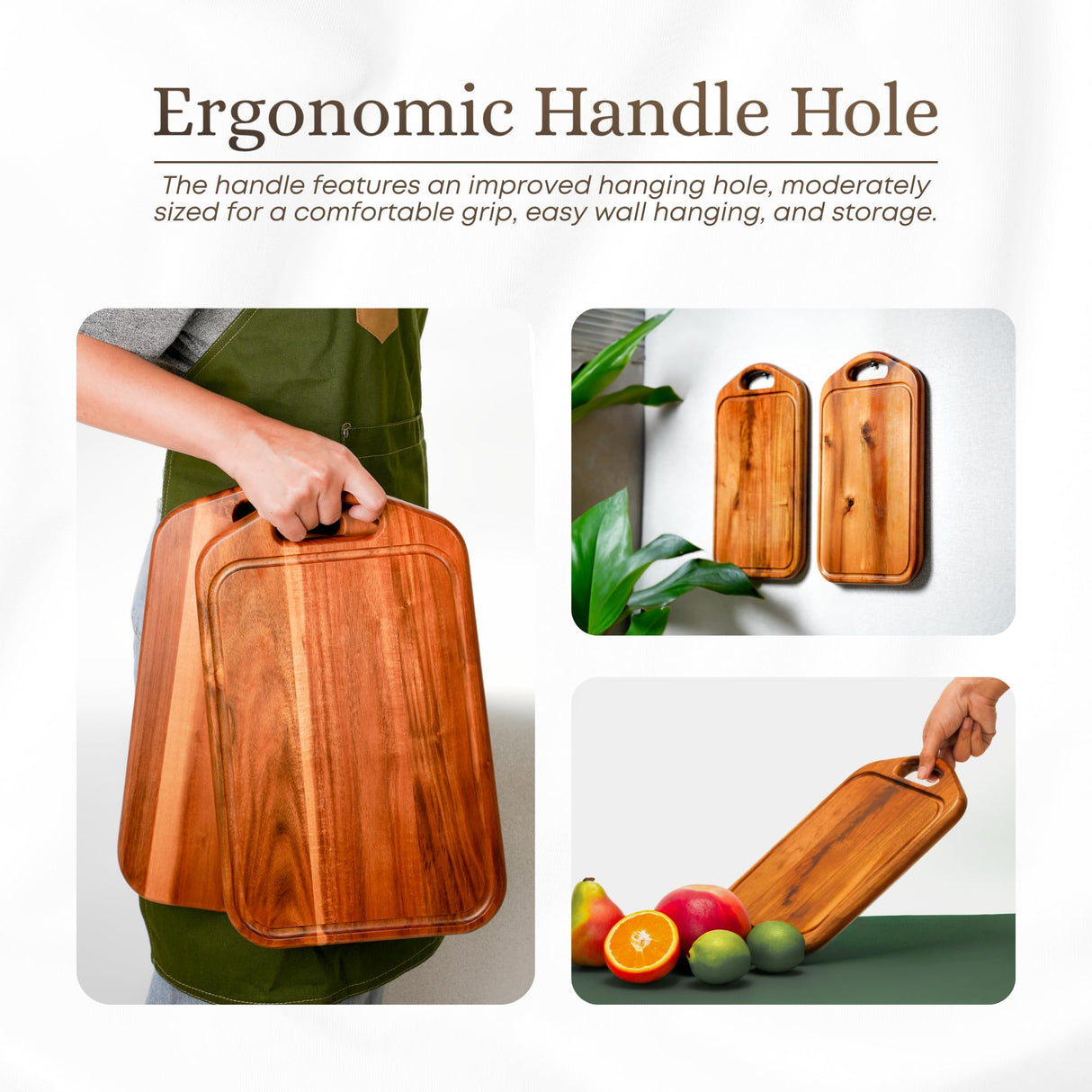 VieWood Acacia Wood Cutting Board with Juice Groove, Hanging Hole & Grip Handle for Meat, Vegetables and Cheese, Knife Friendly, Caperci Better Wood Chopping Board VieWood