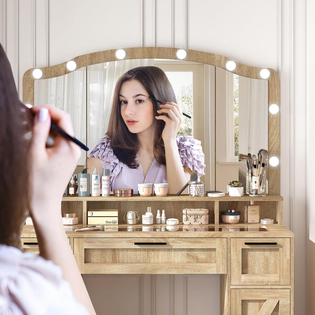 usikey Farmhouse Vanity Desk with Large Lighted Mirror and 10 Lights, 43.3" Glass Tabletop Makeup Vanity with 3 Drawers, Large Vanity Tabel Set with Long Storage Shelf, 2 Cabinets and Stool, Maple usikey