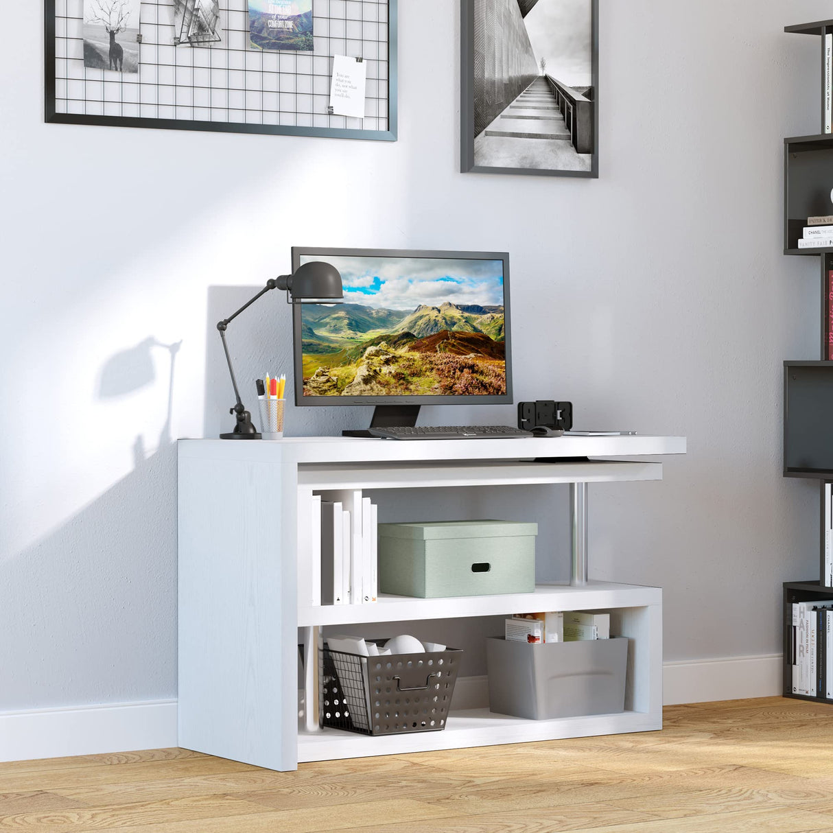 HOMCOM 360 Degree Rotating Corner Computer Desk, L Shaped Desk, Home Office Workstation with 3-Tier Storage Shelves, White HOMCOM