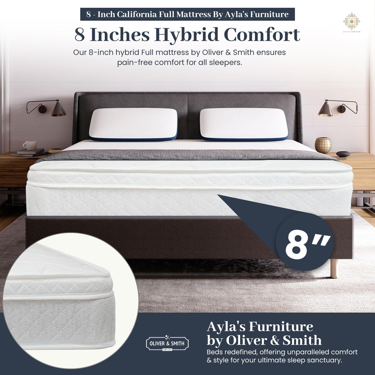 Aylas Furniture Full Size Mattress- 8 Inch Hybrid Mattress Full with High Density & Comfort Cold Foam with Continuous Coil Bonnell Springs - Eco-Friendly, Breathable Full Mattress Medium Firmness Aylas Furniture