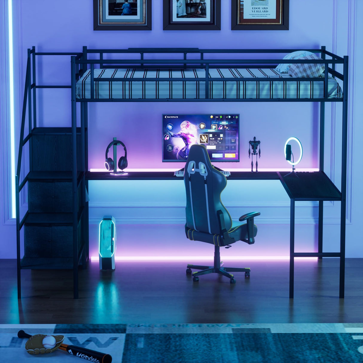 Linique Full Size Gaming Loft Bed with L-Shaped Desk, LED and Charging Station, Metal Loft Bed with Wardrobe and 2 Fabric Drawers for Kids, Teens, Adults, Black Linique