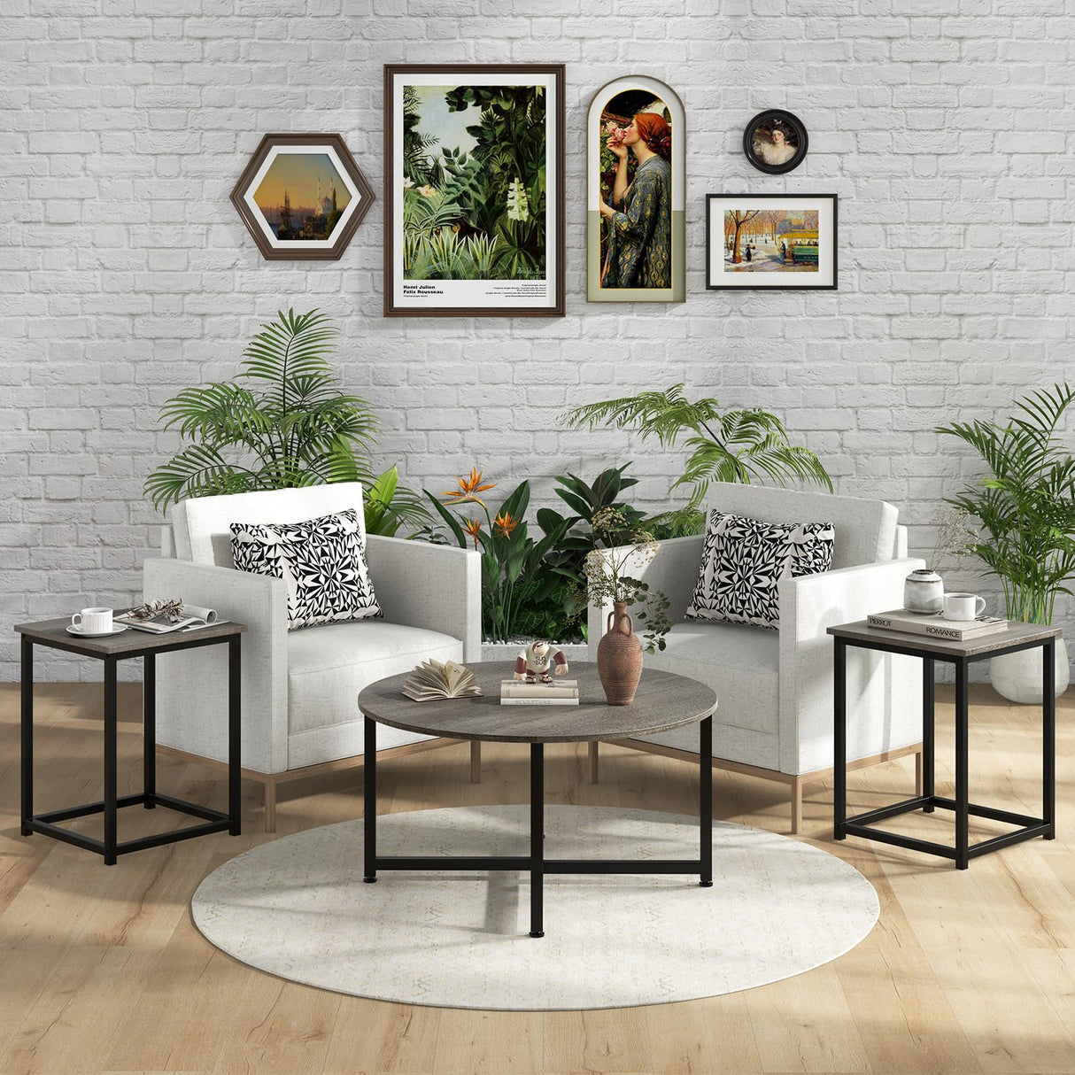 Giantex Round Nesting Table Set of 3, Farmhouse Coffee Table w/2 End Tables, Sturdy Metal Frame, 3-Piece Wooden Living Room Table Set for Home Office, Apartment (Black Oak) Giantex