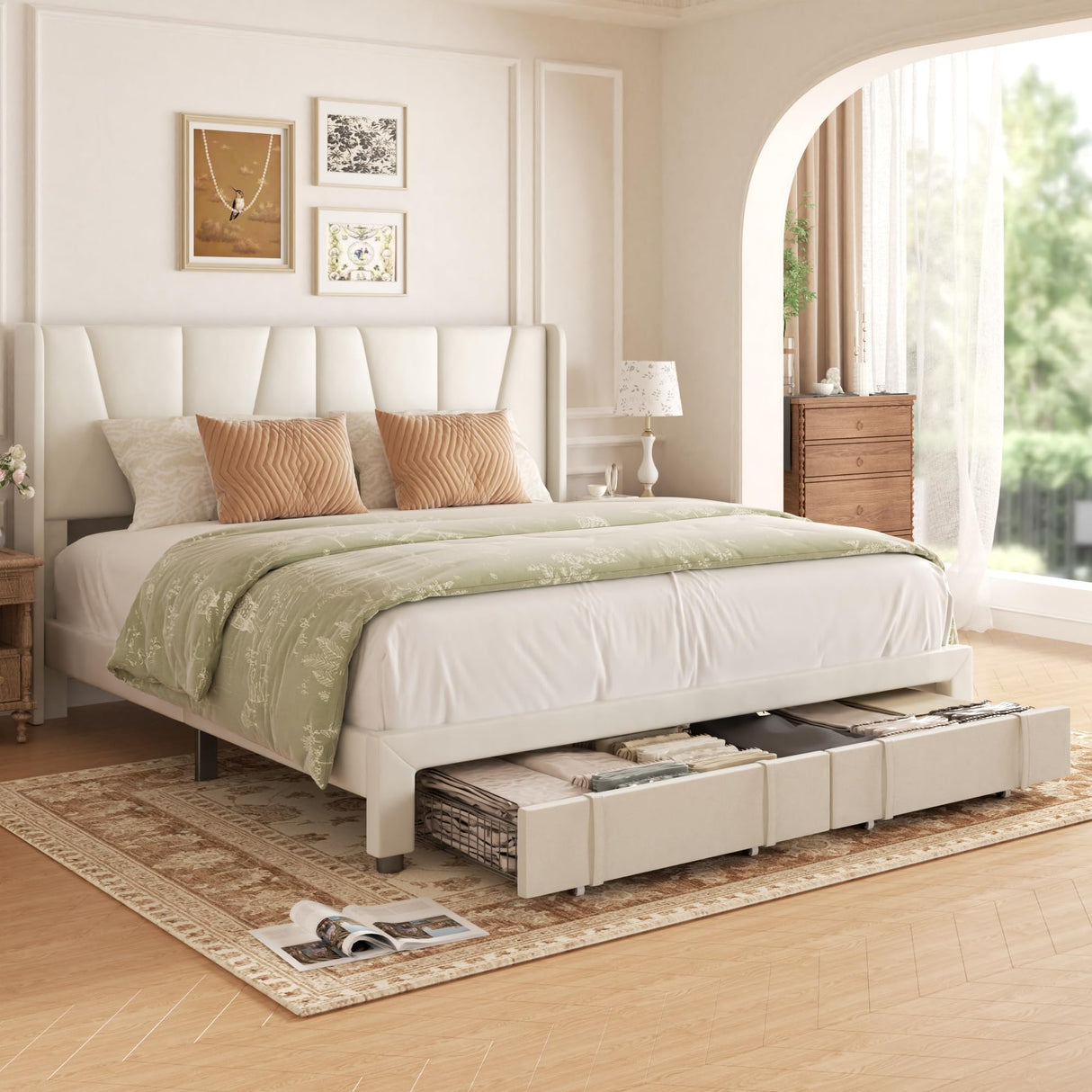 viplov King Bed Frame with Storage Drawers, Upholstered Platform Bed with Headboard and Wingboard, No Box Spring Needed, NO Noise, Easy Assembly, Wooden Support Slats, Beige viplov