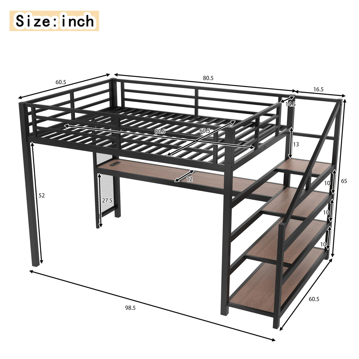 Metal Queen Size Loft Bed with Desk and Storage Stairs,Heavy Duty Loft Bed Frame Queen Size with LED Lights and Charging Station for Kids,Teens,Adults,Black Bellemave