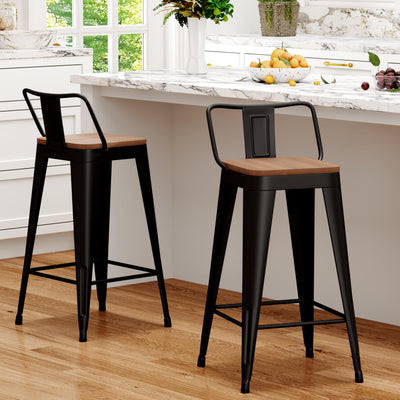 WENTMENT Metal Bar Stools Set of 2 Counter Height Barstools with Removable Back 24" Kitchen Bar Stools with Wooden Seat, Black