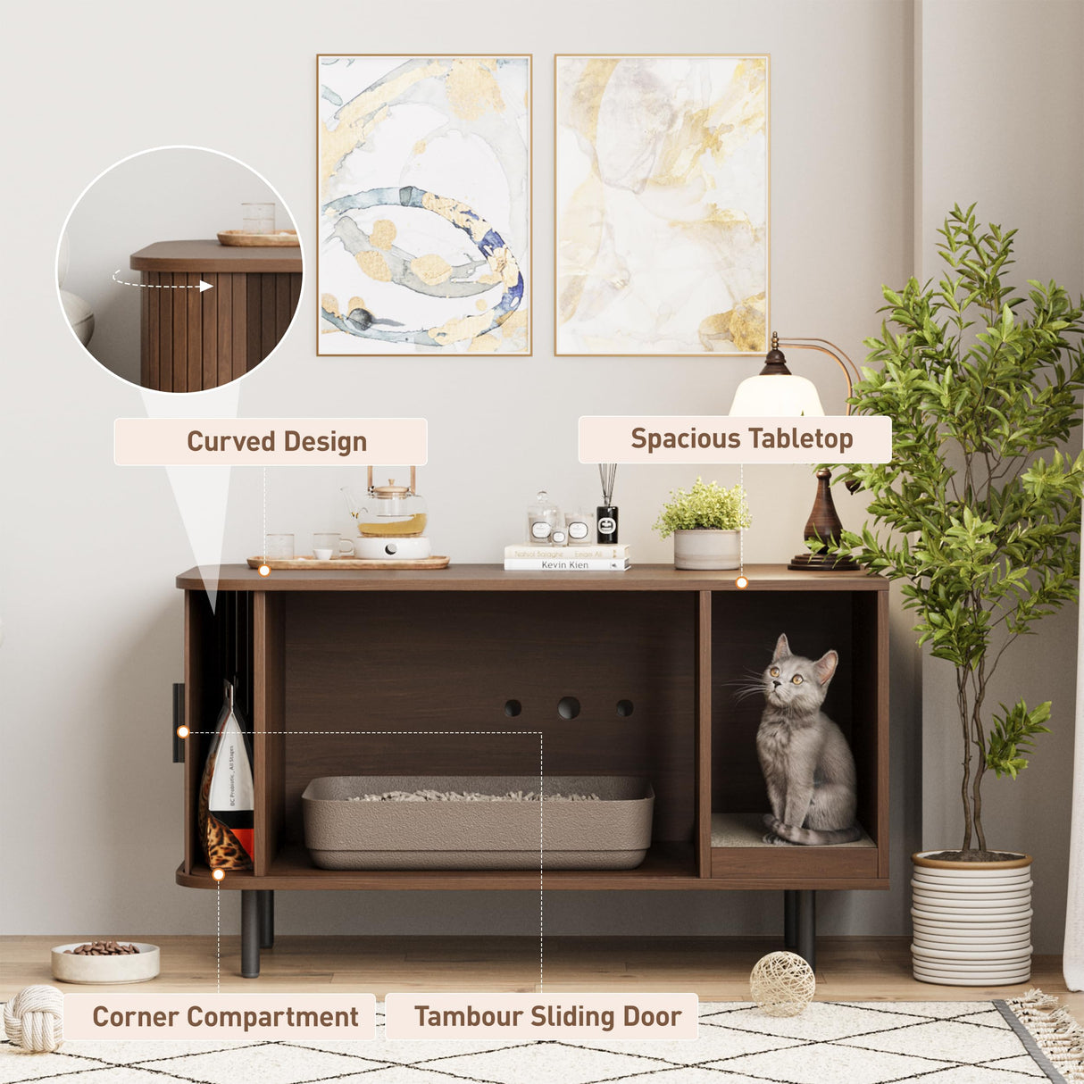 Cat Litter Box Enclosure with Cat Scratch Pad, Sliding Door, 37.4" Litter Box Enclosure Furniture Hidden Litter Box, Modern Indoor Cat House, TV Stand, Side End Table for Living Room, Walnut Halitaa