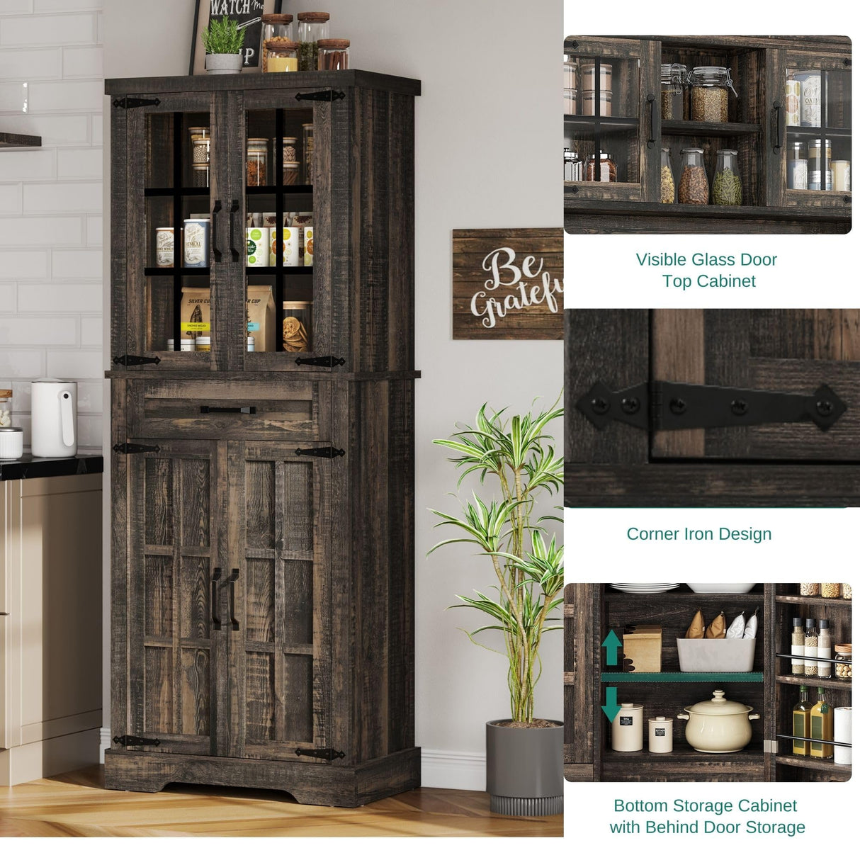 YITAHOME 71" Farmhouse Storage Cabinet, Kitchen Pantry, Wooden, Hutch, Tall Cabinet with 1 Drawers, 5 Storage Shelves, Freestanding for Living Room, Kitchen with 2 Doors Rustic Dark Brown YITAHOME