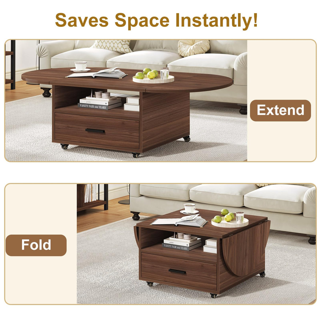 IBF Foldable Coffee Table with Drawer, Wood Living Room Table with Storage, Multifunctional Oval Center Table with Wheels, Extendable Rolling Tea Table for Living Room Home Office, Walnut, 47 Inch IBF