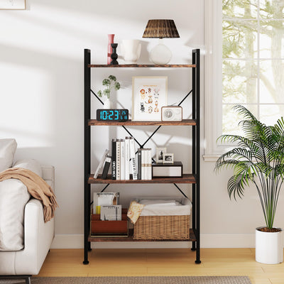 Skandiquip Bookshelf, 4 Tier Industrial Bookcase Storage Organizer, Display Shelves for Books/CDs, Bedroom Living Room Home Office, Rustic Brown