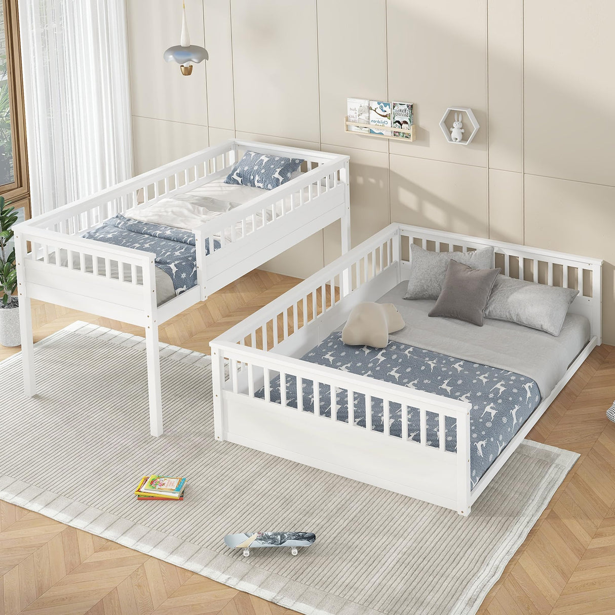 KEIKI Twin XL Over Queen Floor Bunk Bed, White Wooden Bunk Bed Frame with Ladder & Guardrail, Convertible to 2 Separated Kids Beds for Teens Bedroom, Easy Assembly, White KEIKI