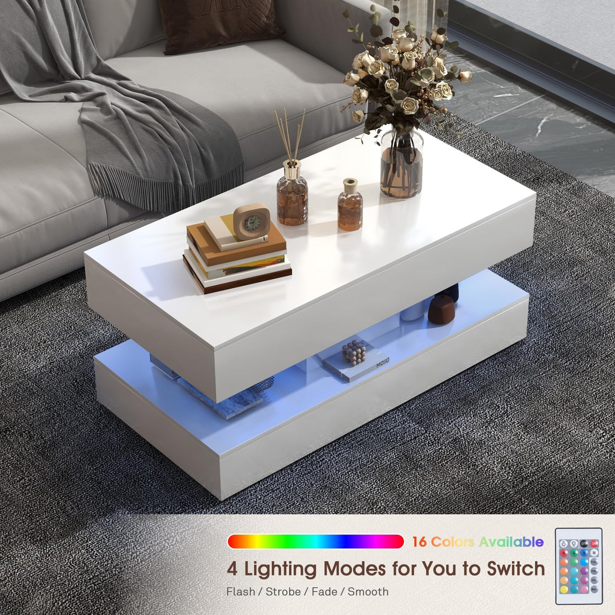 OC Orange-Casual LED Coffee Table with Storage, High Glossy Center Table with 2 Sliding Drawers, Modern Stylish Rectangle Coffee Table Double Layer with Open Display Shelf for Living Room (White) OC Orange-Casual