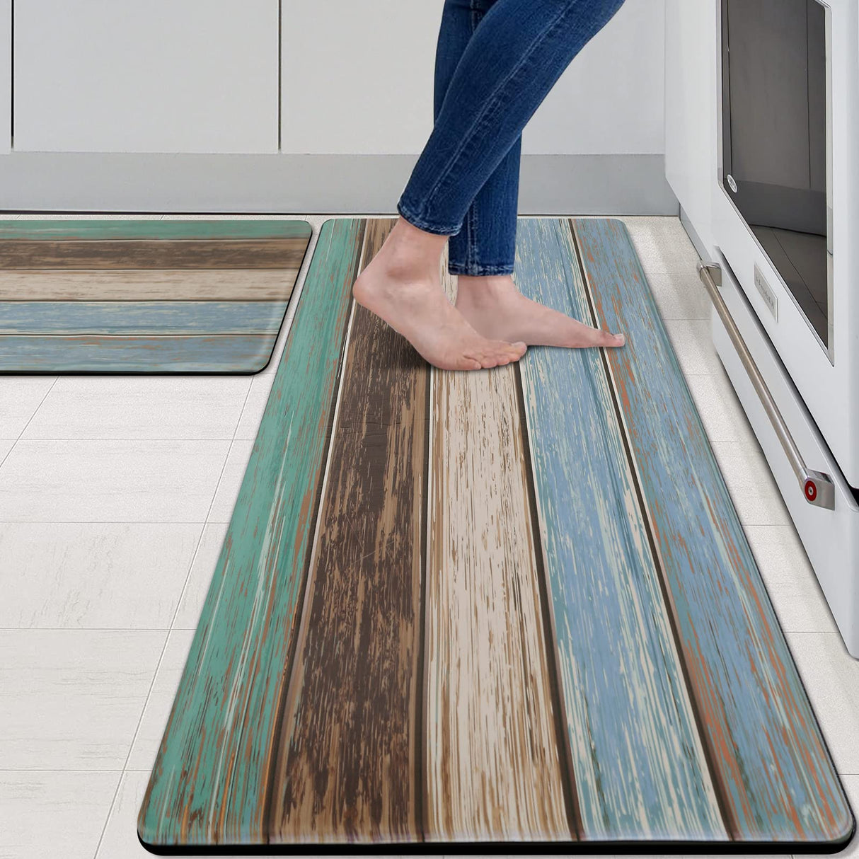 MAYHMYO Kitchen Rugs and Mats Set of 2 Teal Farmhouse Anti Fatigue Mat PVC Non Slip Retro Rustic Wood Texture Kitchen Mats for Floor,17.3 x 29 x 0.4 inch + 17.3 x 47 x 0.4 inch MAYHMYO