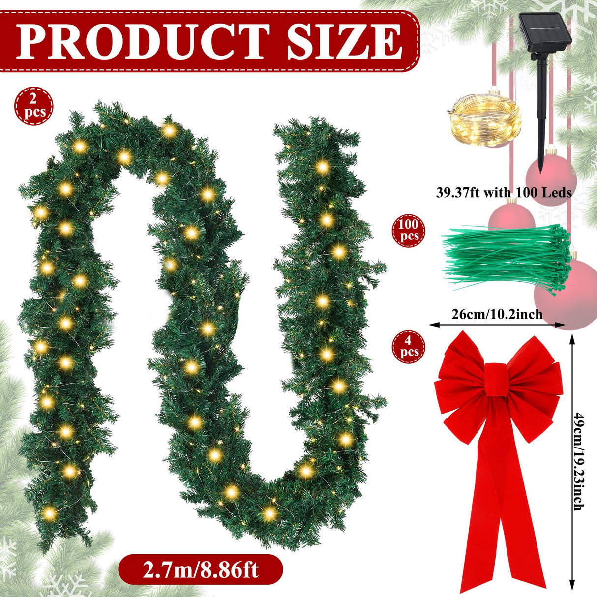 Knitgrip 2 Pcs 9ft Christmas Fence Decorations with Solar Light Christmas Outdoor Decorations with 4 Pcs Large Red Bows Cable Ties for Holiday Patio Outdoor Fence Eaves Knitgrip