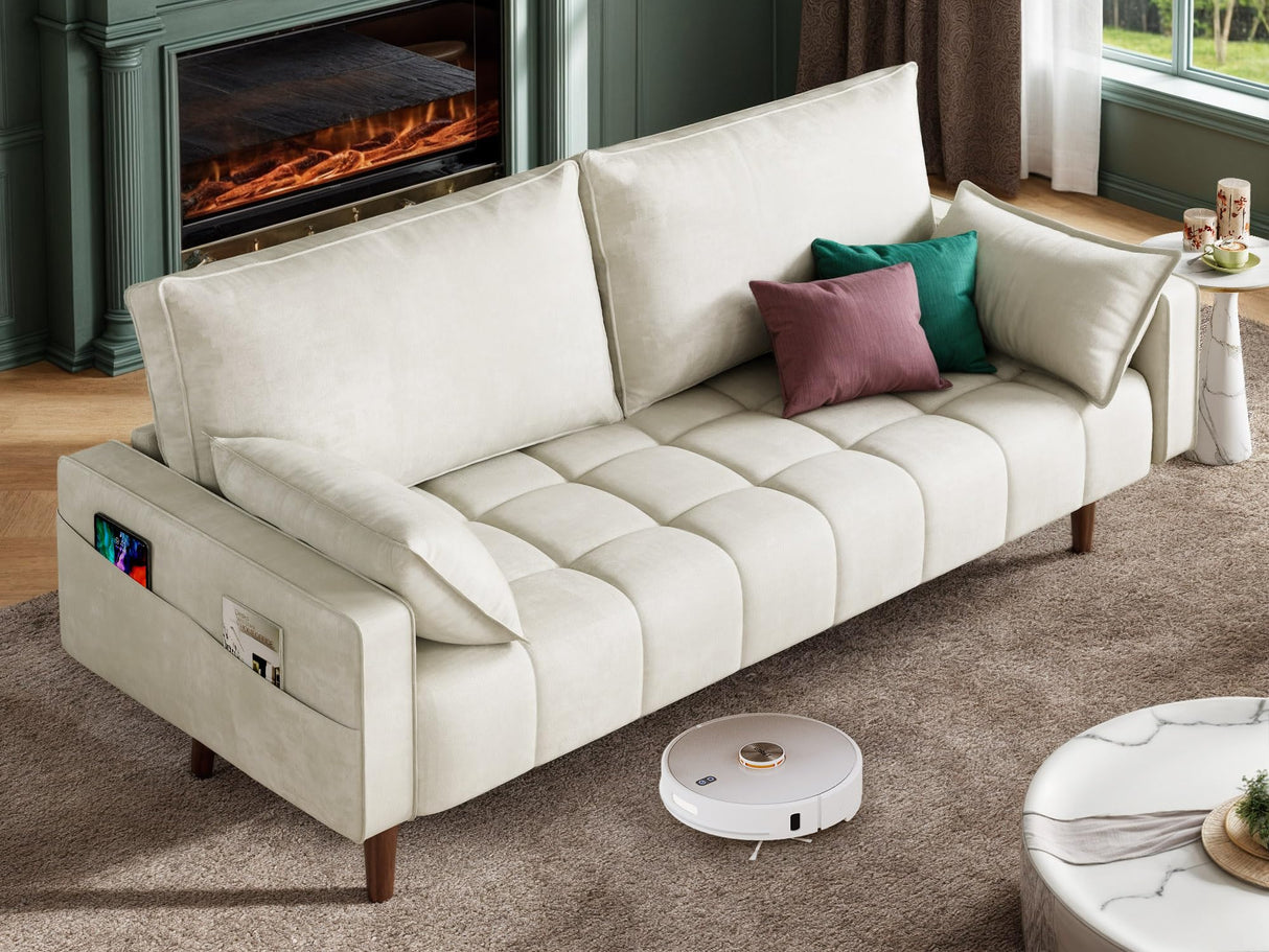 YITAHOME 56" Loveseat Sofa, Velvet Fabric Sofa Couch for Small Space, Modern Loveseat with Button Tufted Seat and Side Storage Pockect, 2 Seater Couch for Living Room Bedroom, 2 Pillow Included, Beige YITAHOME