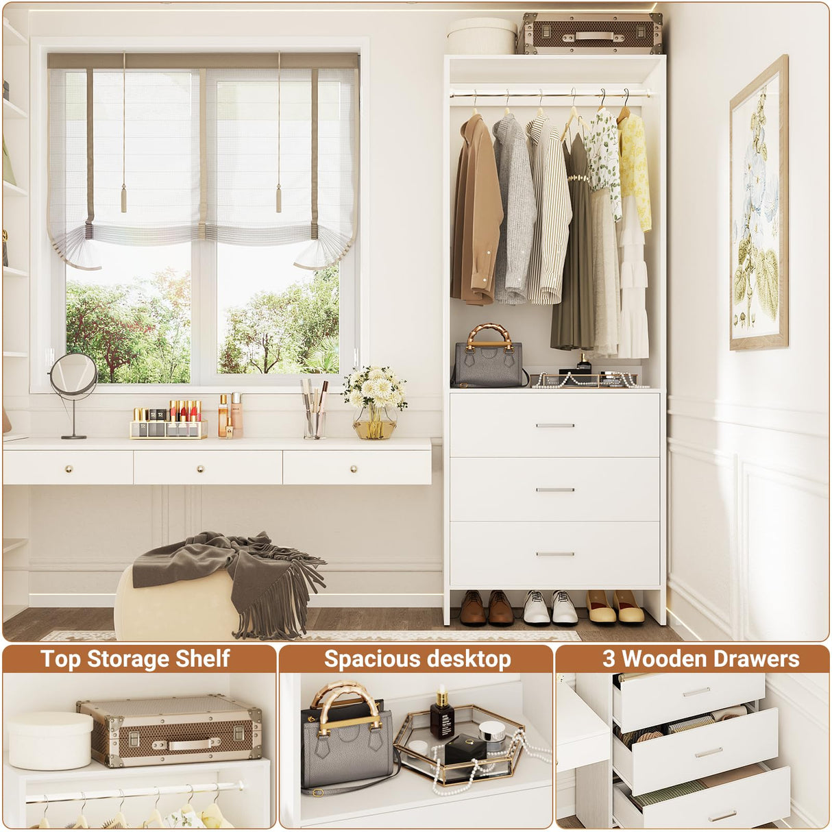 Aheaplus 2FT Closet System with 3 Drawers, 24’’ Closet Organizer, Wood Closet Organizer System, Walk-in Closet or Small Closets Wardrobe, Clothes Rack with Hanging Rods,-E6, White Aheaplus