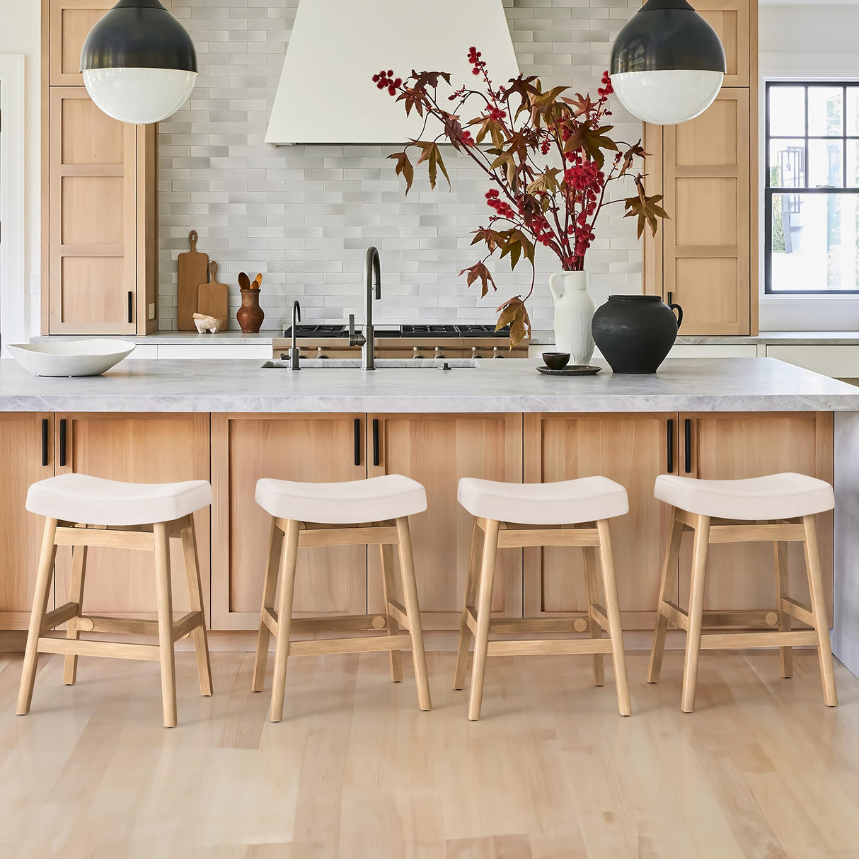 Cozyman Bar Stools Set of 3, Barstools with Sturdy Wood Legs, Saddle Seat Counter Height Bar Stools for Kitchen Counter, Bar, Dining, 24 Inch Farmhouse Counter Stools, Beige Fabric Cozyman