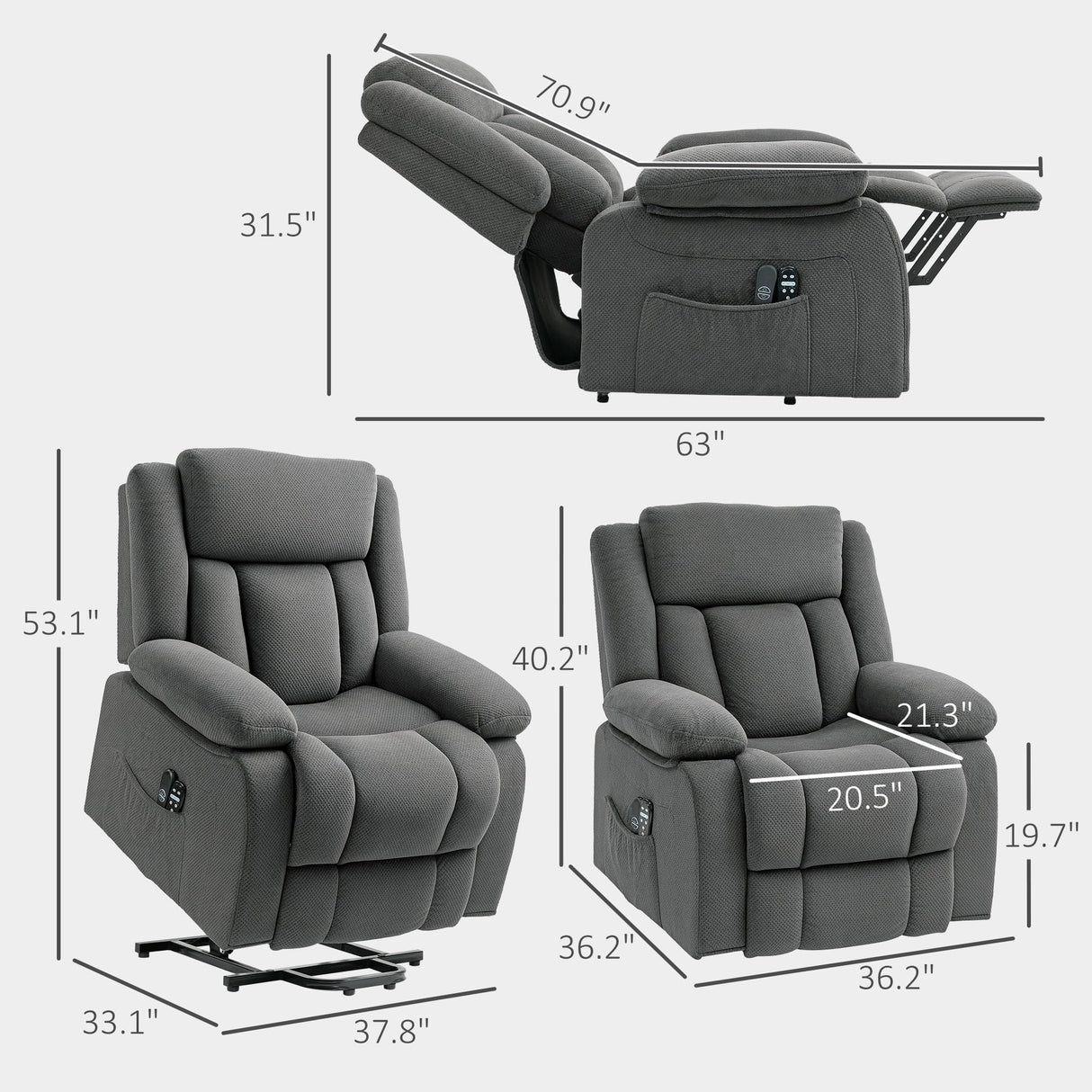 HOMCOM Power Lift Recliner Chair for Elderly with Massage and Heat, Electric Lift Chair, Fabric Massage Chair Recliner with Remote Controllers, USB Ports and Side Pockets, Overstuffed Design, Gray HOMCOM