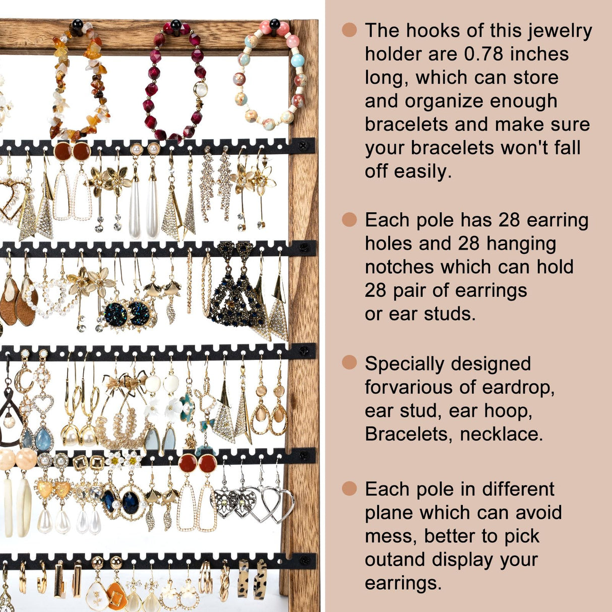 Emfogo Earring Holder Organizer, 6 Tier Earring Display Stand with 285 Holes & 6 Bracelet Rods, Rustic Wood Jewelry Organizer for Earring Bracelet Necklace Ring, Gifts for Women (Rustic) Emfogo