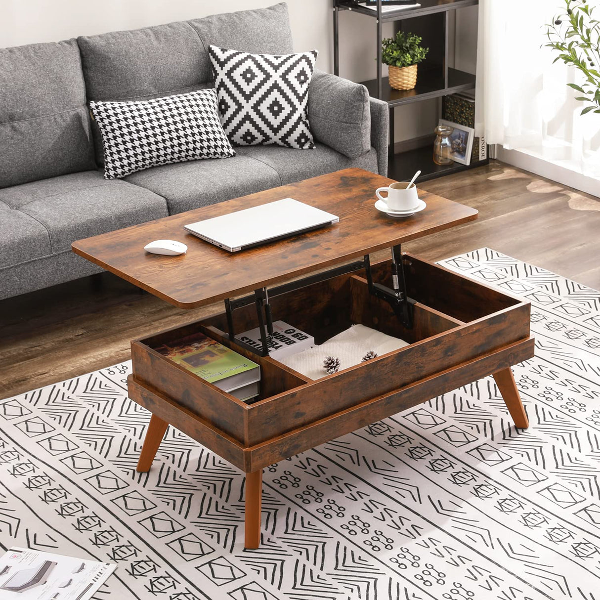 Bidiso Lift Top Coffee Table, Easy-to-Assembly Center Table with Hidden Storage Compartment, Industrial Lift Tabletop Dining Table for Living Room Reception/Home Office, Rustic Brown Bidiso