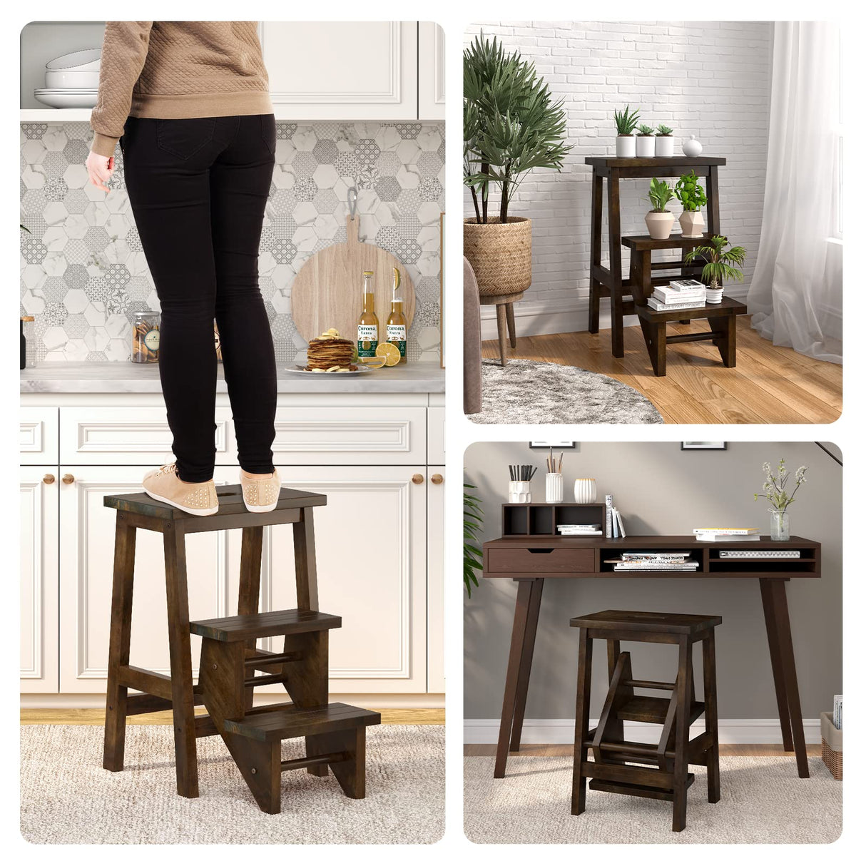 Giantex Folding 3 Tier Step Ladder, Multifunction 3-in-1 Wood Step Stool with Anti-Slip, Convenient Handle, Display Ladder and Storage Shelf for Library, Home Kitchen, Household Work, Garage (Brown) Giantex