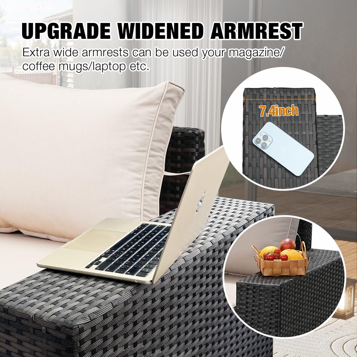 JOYURE 8 Pieces Patio Furniture Set All-Weather Outdoor Wicker Sectional Conversation Sofa Rattan Patio Seating Sofa with Cushion and Glass Table for Porch Poolside,Beige JOYURE