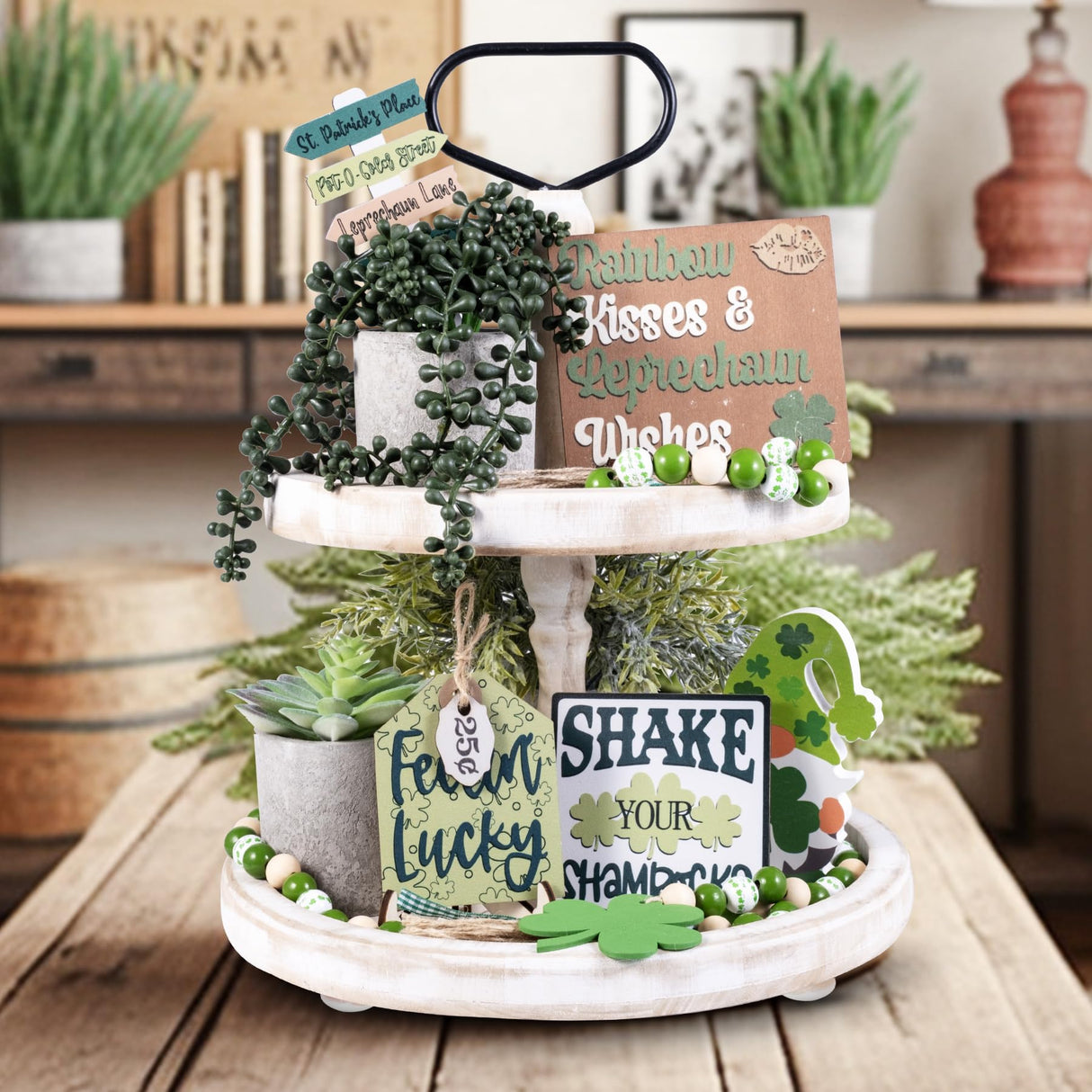 Mustry Rustic Wooden 2 Tiered Tray, Round Farmhouse Kitchen Table Decor Serving Tier Tray, Food Fruits Cupcake Display Coffee Bar Home Party Seasonal Decorations (White) mustry