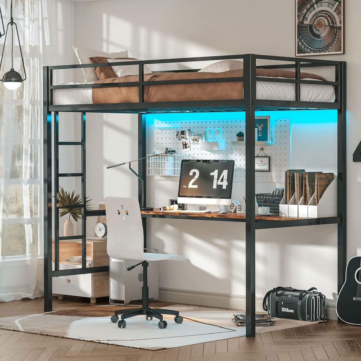 LIKIMIO Twin Loft Bed with Desk, Power Outlet, LED Lights – Space-Saving Metal Frame in Black LIKIMIO
